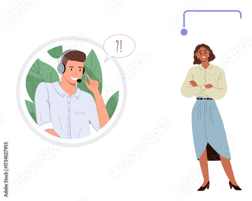 Customer support agent wearing a headset responding to a query, connected to a client via communication bubble. Ideal for teamwork, customer relations, remote work, communication, consulting