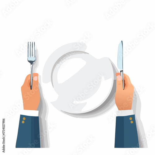 Abstract food restaurant concept banner. Isolated white empty plate, hands holding fork and knife, top view