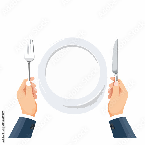 Abstract food restaurant concept banner. Isolated white empty plate, hands holding fork and knife, top view