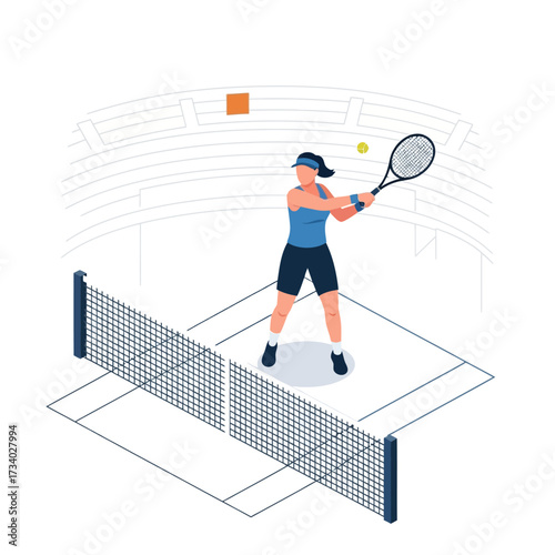 Isometric illustration of a female tennis player hitting a backhand on a court inside a stadium.