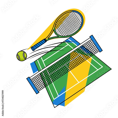 A dynamic illustration of a tennis racket hitting a ball over a tennis court net, with abstract yellow and blue shapes.