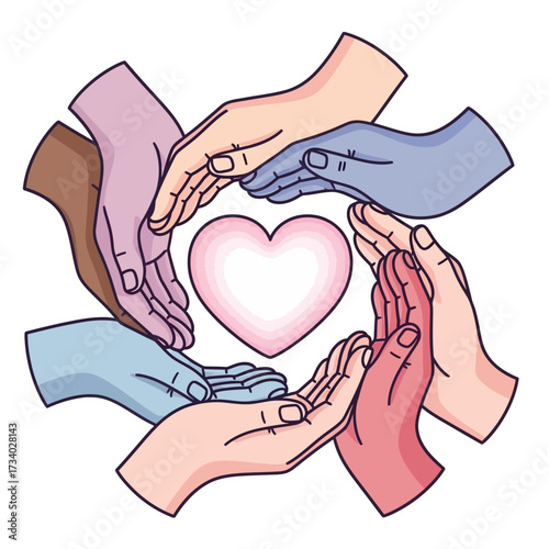 Diverse hands of different skin tones forming a protective circle around a glowing pink heart, symbolizing unity and love.