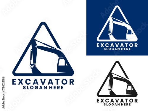 Hydraulic excavator with triangle line logo design vector template. Excavator logo design icon