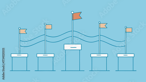 A blue background with five flags on it. The flags are of different colors and sizes. The flags are arranged in a line, with the tallest flag in the middle and the shortest flag on the far right