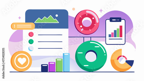 A colorful graphic with a donut and a mountain in the background. The donut is surrounded by a bunch of different colored circles and the mountain is in the background