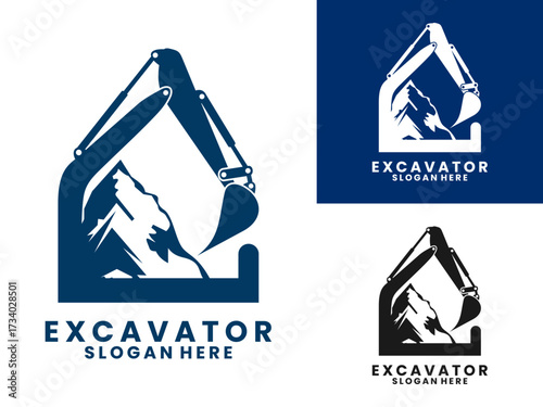 excavator with polygons and mountains construction logo idea design vector template.