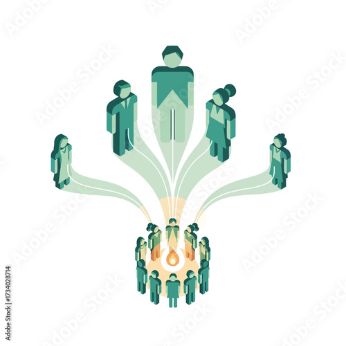 Isometric illustration of a community's collective energy empowering individual leaders from a central group.