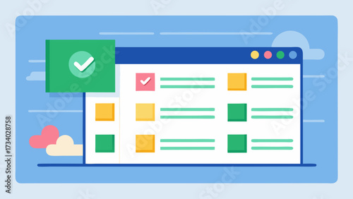 A computer screen with a green check mark on it. The screen is divided into several sections, each with a different color. The sections are labeled with numbers and letters