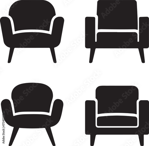 Modern armchair vector icons, black furniture symbols, isolated editable design, minimal home decor icons, modern armchair illustration, flat bold shapes, interior buyer focused
