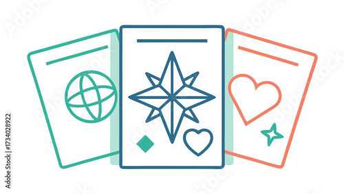 Three cards with a compass, a heart and a globe. The cards are stacked on top of each other