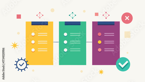 A colorful chart with three different colored papers and a check mark on the right. The chart is titled "Three Steps" and has a yellow background