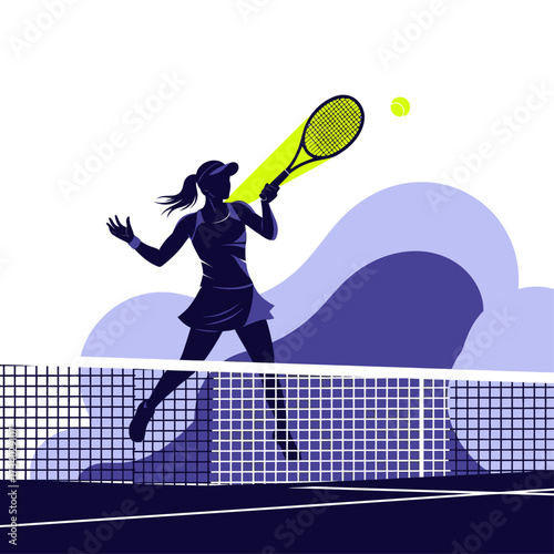 Dynamic silhouette illustration of a female tennis player hitting a ball on a court with a net, featuring a vibrant yellow highlight.