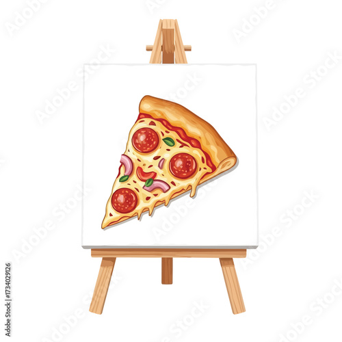 Vector illustration of a delicious slice of pepperoni pizza with melted cheese and toppings, displayed on a small artists easel