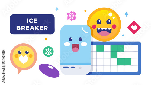 A cartoonish image of a smiling face with a heart and a smiley face with a tongue sticking out. The image is titled "Ice Breaker" and features a calendar and a cell phone