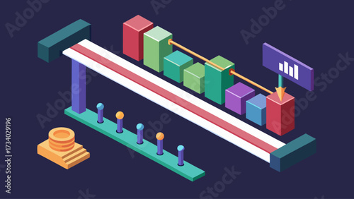A colorful image of a conveyor belt with a bunch of blocks on it. The blocks are of different colors and sizes, and there are some coins on the ground. Concept of a factory or production line