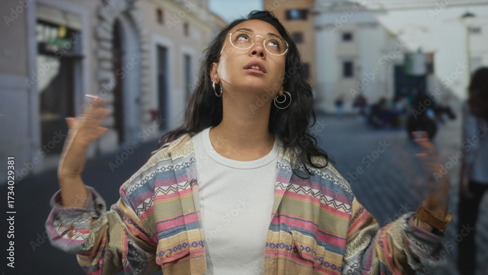 Fototapeta premium Woman touches hair with one hand and shrugs on a cobblestone street by buildings, wearing glasses and patterned jacket; exasperation routine.