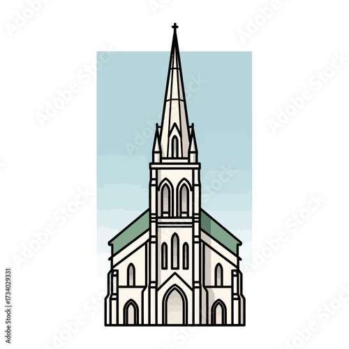 A detailed illustration of a grand white church with a tall, pointed steeple and arched windows, set against a pale blue background.