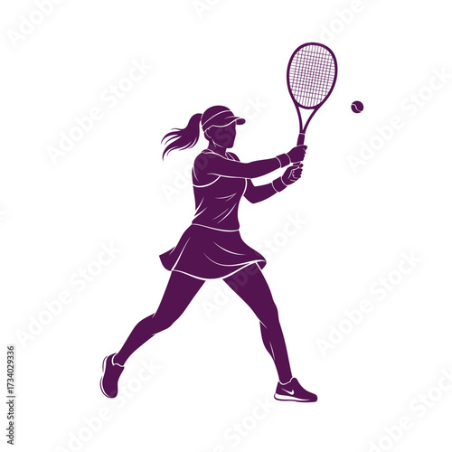 Purple silhouette of a female tennis player in action, hitting a ball with a racket on a white background.