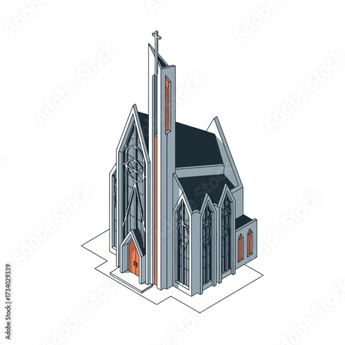 Isometric illustration of a church with a tall spire and stained glass windows.