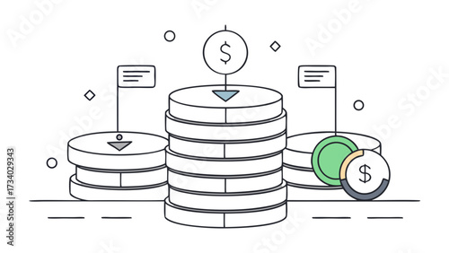 A stack of coins with a dollar sign on top. The coins are stacked in a pyramid shape