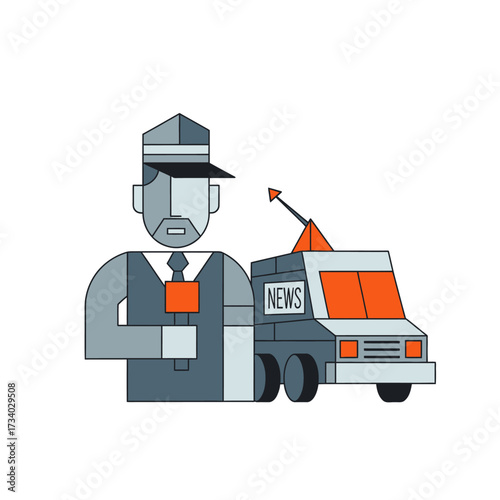 A geometric illustration of a news reporter holding a microphone next to a news van.
