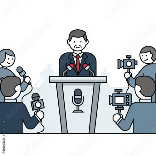 A politician speaking at a podium surrounded by reporters with microphones and cameras.