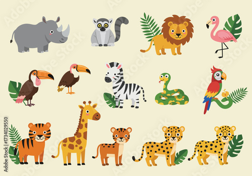 Set of flat vector illustrations in children's style of savannah animals. Cute rhinoceros lemur lion flamingo toucan vulture vulture snake zebra parrot tiger giraffe leopard cheetah