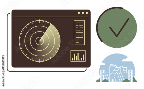 Radar interface tracking objects with bar charts, green checkmark for approval, and a shopping mall outline. Ideal for technology, security, confirmation, detection, analysis, monitoring retail