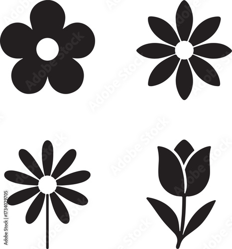 Flower vector icons, black floral symbols, isolated editable design, minimal garden icons, modern flower illustration, flat bold shapes, nature decoration buyer focused