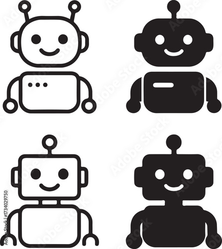 Friendly robot vector icons, black ai symbols, isolated editable design, minimal technology icons, modern robot illustration, flat bold shapes, automation buyer focused