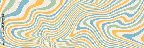 Abstract retro banner with blue, green and yellow waves on a beige background. Vector illustration