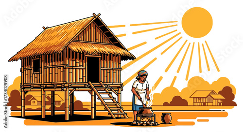 Illustration of a woman cooking next to a traditional bamboo house under the sun in a rural setting