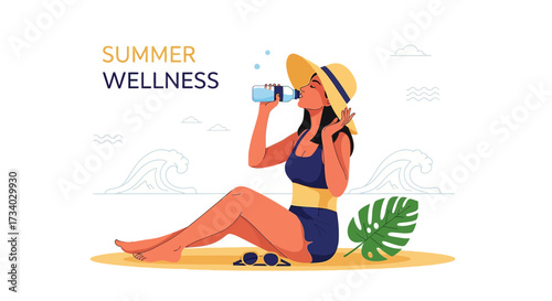 Illustration of a woman drinking water on the beach promoting summer wellness and hydration under