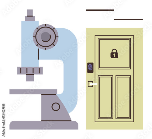 Laboratory microscope alongside a locked door conveying privacy, security, and restricted access. Ideal for science, research, innovation, education, security, data protection simple flat metaphor