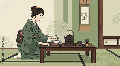 Illustration of a woman in kimono performing a traditional Japanese tea ceremony