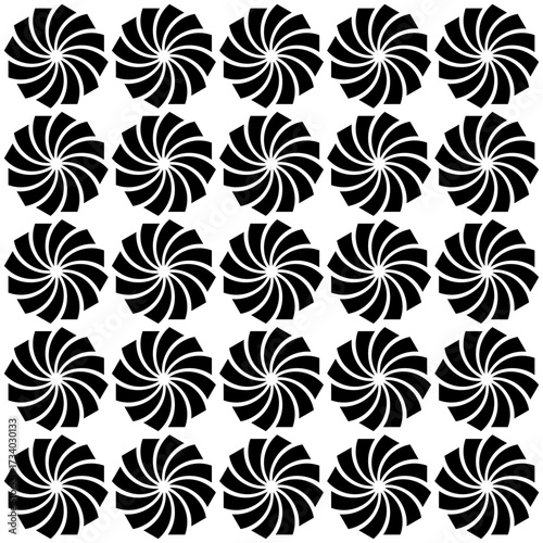 Black swirling pinwheel patterns repeat in perfect alignment, radiating hypnotic energy, creating mesmerizing illusions of motion, depth, and continuous rhythmic harmony.