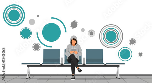 Illustration of a woman using a tablet in a waiting area with abstract geometric design