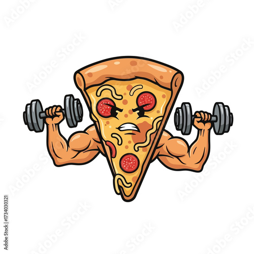 Vector illustration of a muscular slice of pizza with pepperoni, lifting dumbbells, showing off biceps