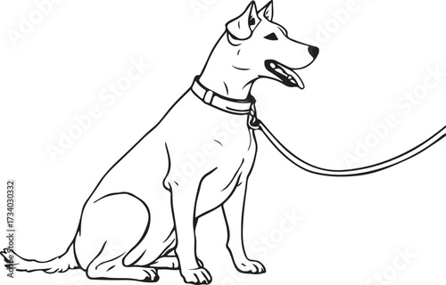 Dog on Leash in Collar Simple Hand-drawn Sketch Doodle Drawing Vector Illustration, Black and white Line Linear Isolated Art