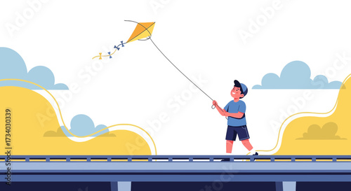Illustration of a young boy happily flying a yellow kite on a bridge with a vibrant sky