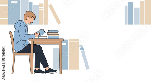 Illustration of a young man reading a book at a table surrounded by books for education