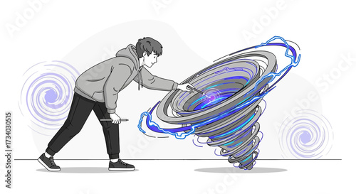 Illustration of a young man drawing a powerful tornado with magical lightning effects