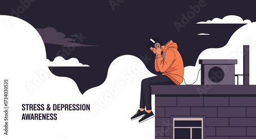 Illustration of a young man struggling with stress and depression on a rooftop at night