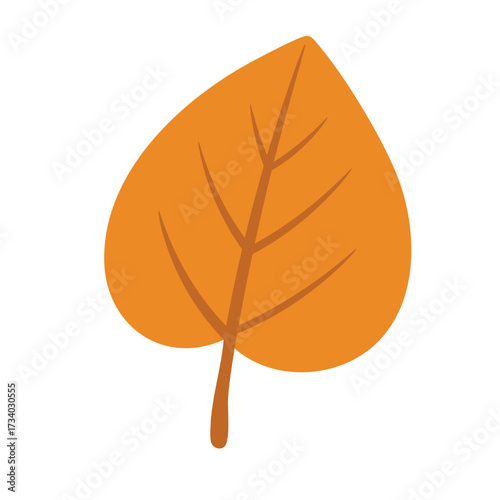 Bright autumn leaf in orange color, simple flat style, clean veins, isolated on white background.