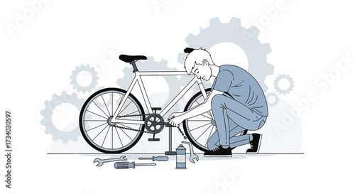 Illustration of a young man repairing a bicycle with tools in a workshop setting