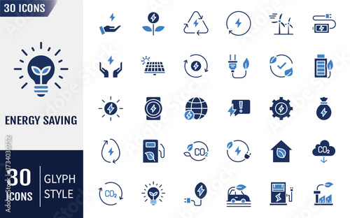 Energy Saving Flat Icons set. Containing icons: Energy Costs, Power Consumption Level, Green House and more. Vector illustration 
