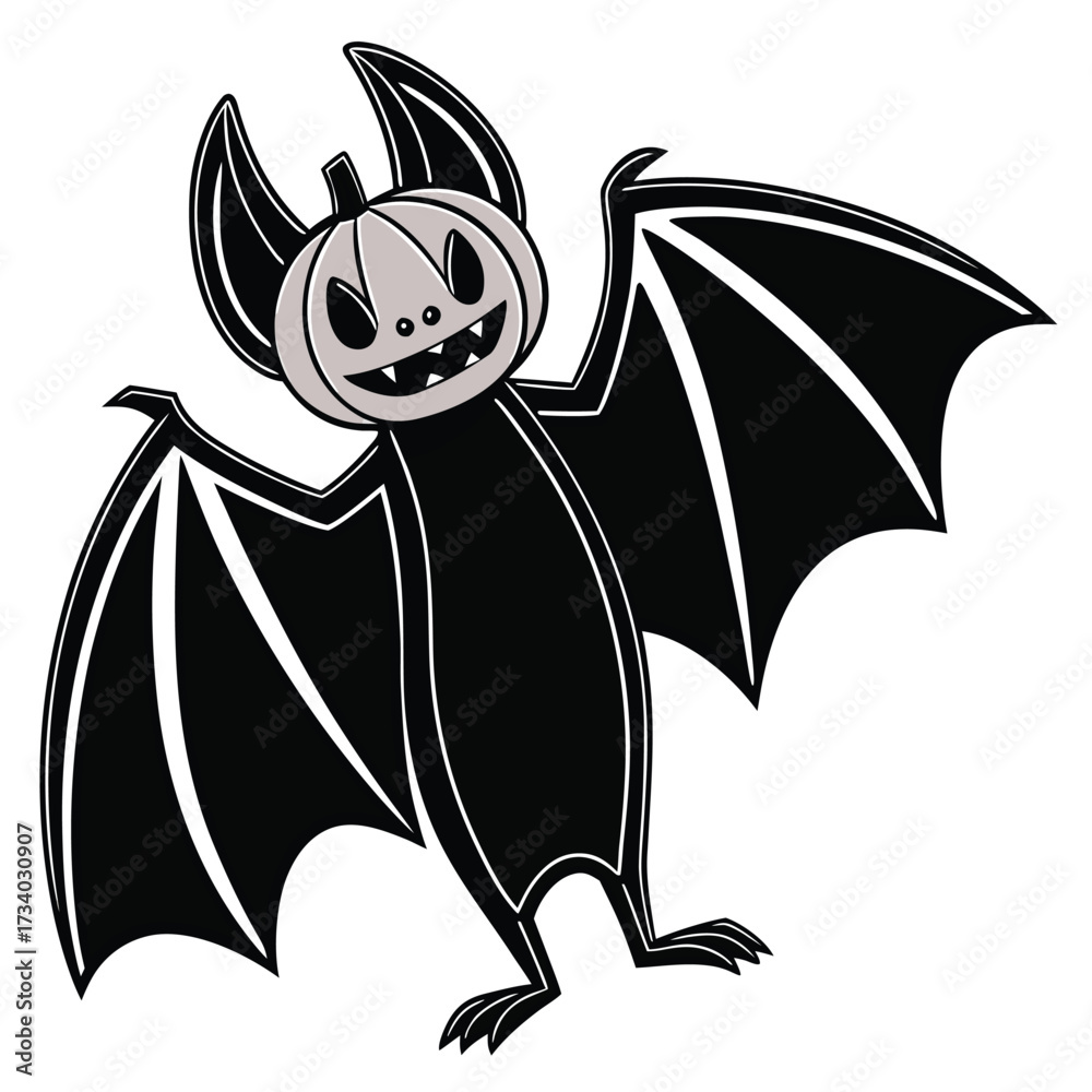 Fototapeta premium Whimsical halloween bat displays a pumpkin head and spreads its wings on transparent background