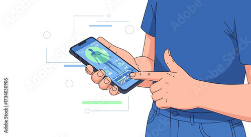 Illustration of health app on smartphone displaying body analysis and wellness features being used