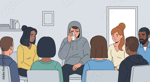 Illustration of support group meeting with a crying man in the center sharing feelings and