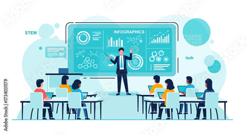 Illustration of STEM education and data analysis presented in an academic setting for students and